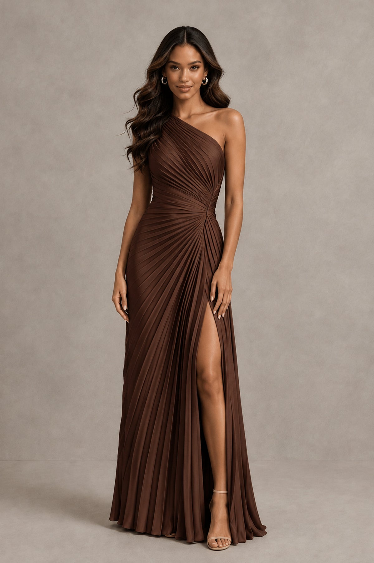 BOLODOO Brown One Shoulder Pleated Evening Dress with Ruched Waist and High Slit - Brown - Brown_1