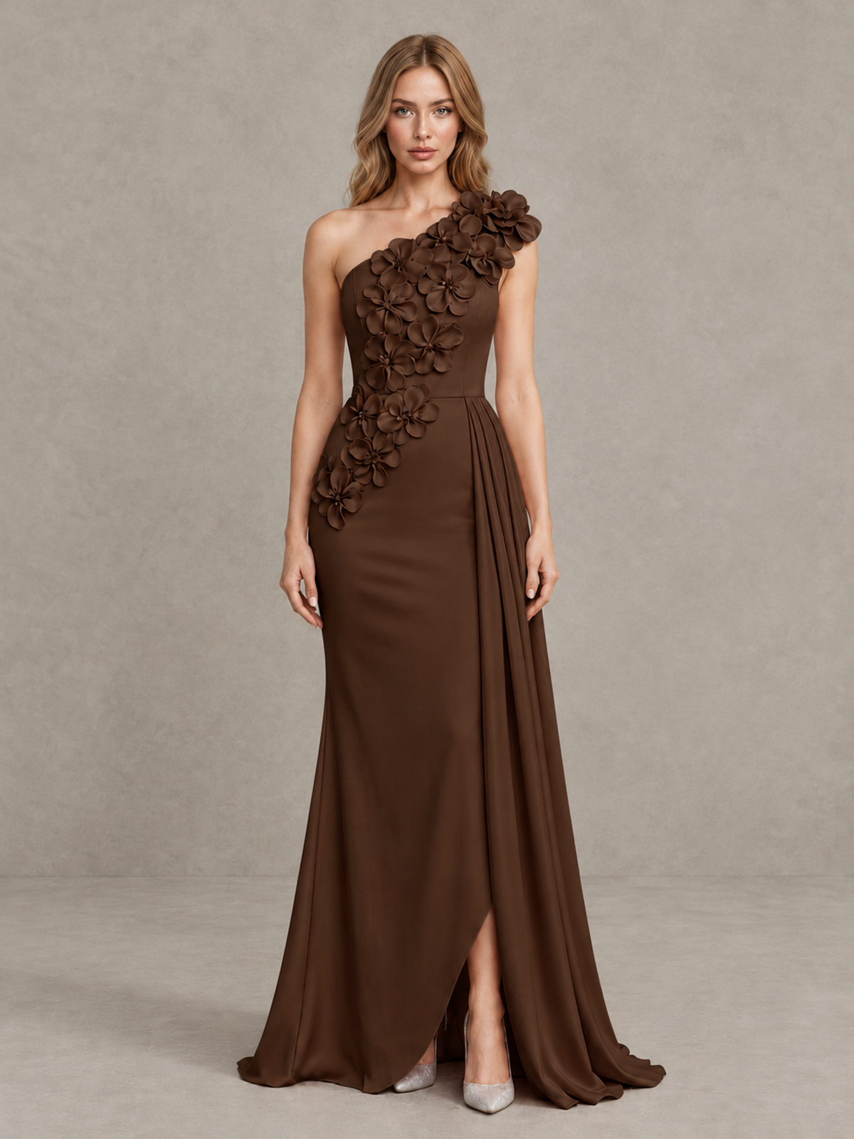 BOLODOO Brown One-Shoulder Satin Mermaid Evening Gown with 3D Floral Appliqué - Brown - Brown_1