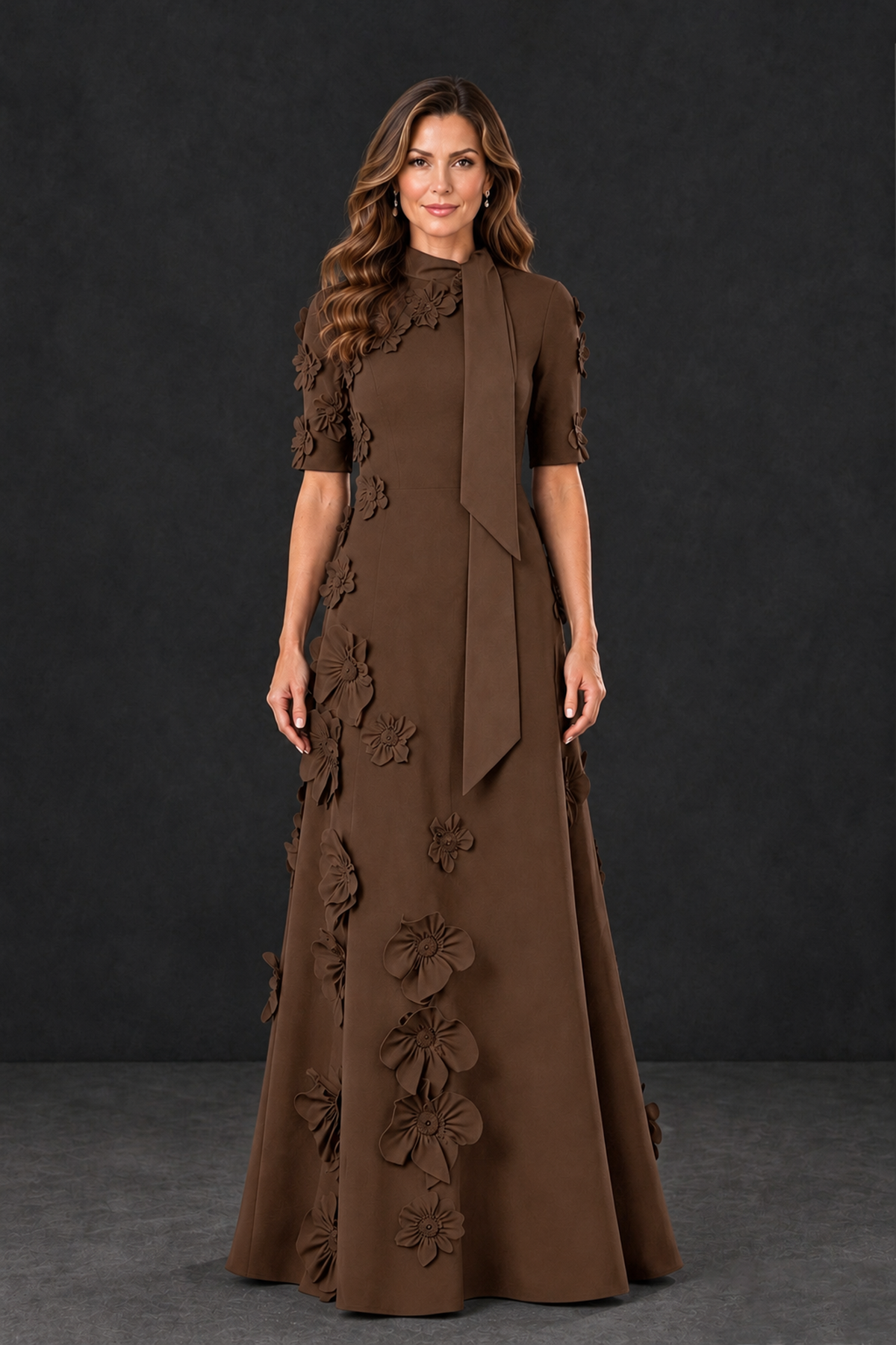 BOLODOO Brown Floral Applique High-Neck Half-Sleeve Gown - Brown - Brown_1
