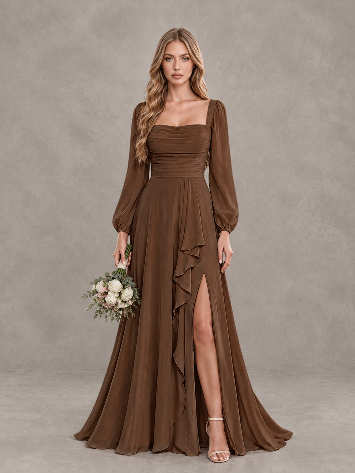 BOLODOO Brown Square Neck Long Sleeve Bridesmaid Dress with Ruffle Slit - Brown - Brown_1