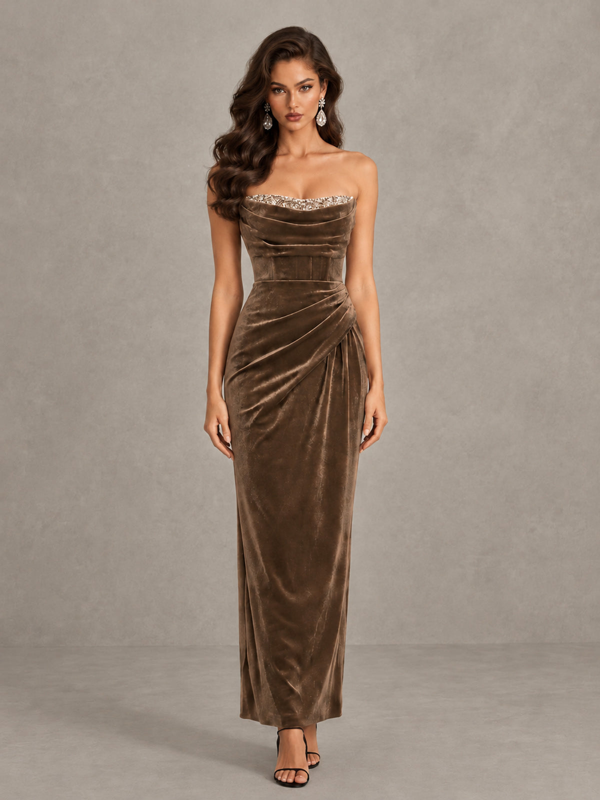BOLODOO Brown Strapless Velvet Cocktail Maxi Dress - Brown - Brown_1