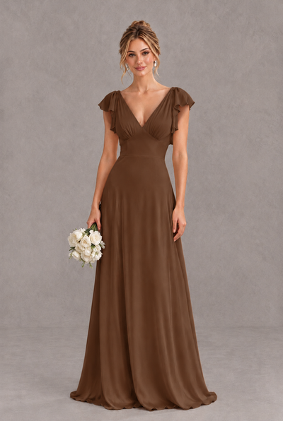 BOLODOO Brown V-Neck Flutter Sleeve A-Line Bridesmaid Dress - Brown - Brown_1