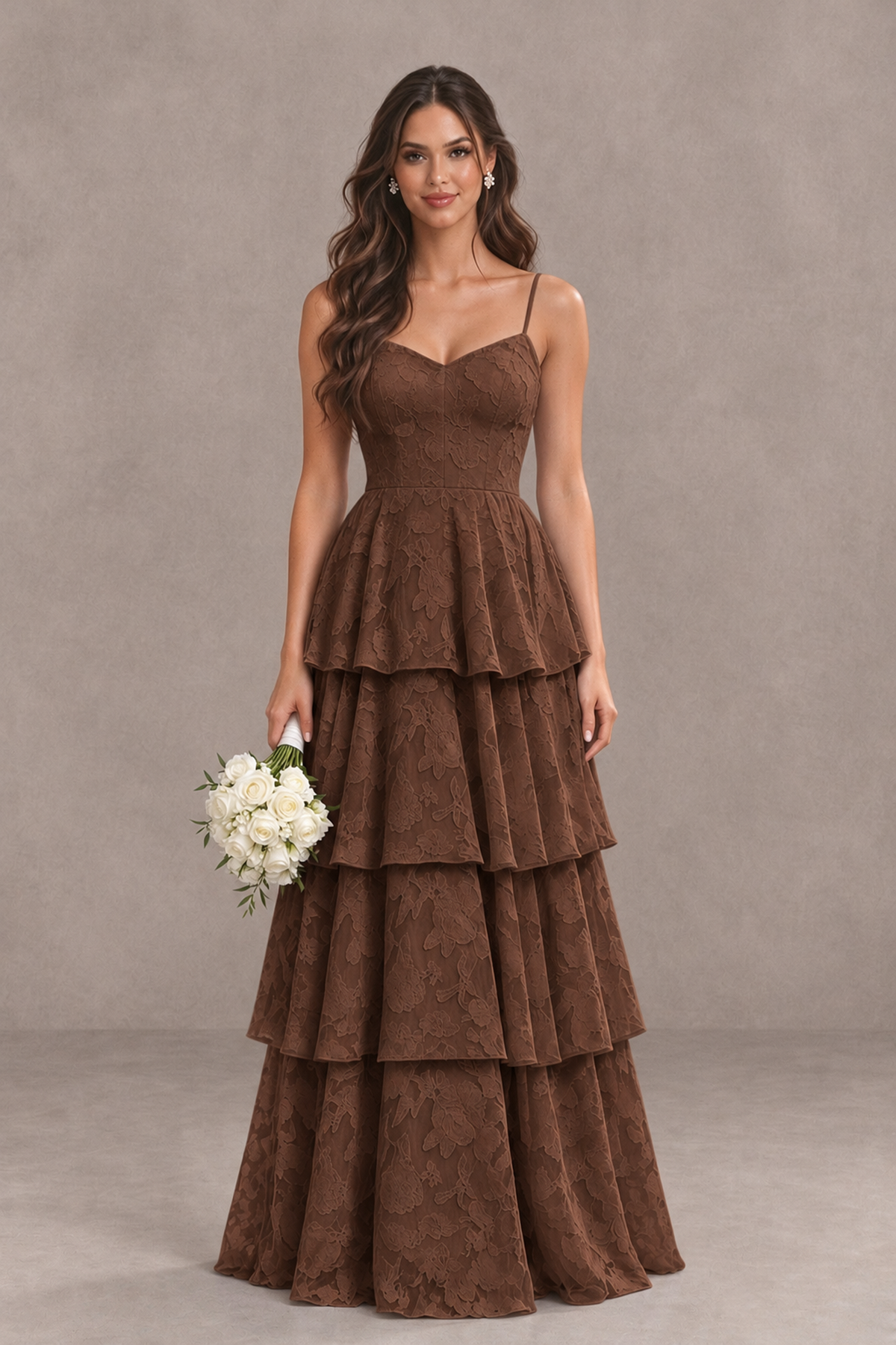 BOLODOO Brown Tiered Floral-Textured Spaghetti Strap Maxi Dress - Brown - Brown_1