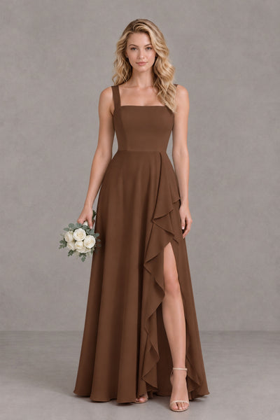 BOLODOO Brown Square Neck Ruffle A-Line Bridesmaid Dress with Slit - Brown - Brown_1