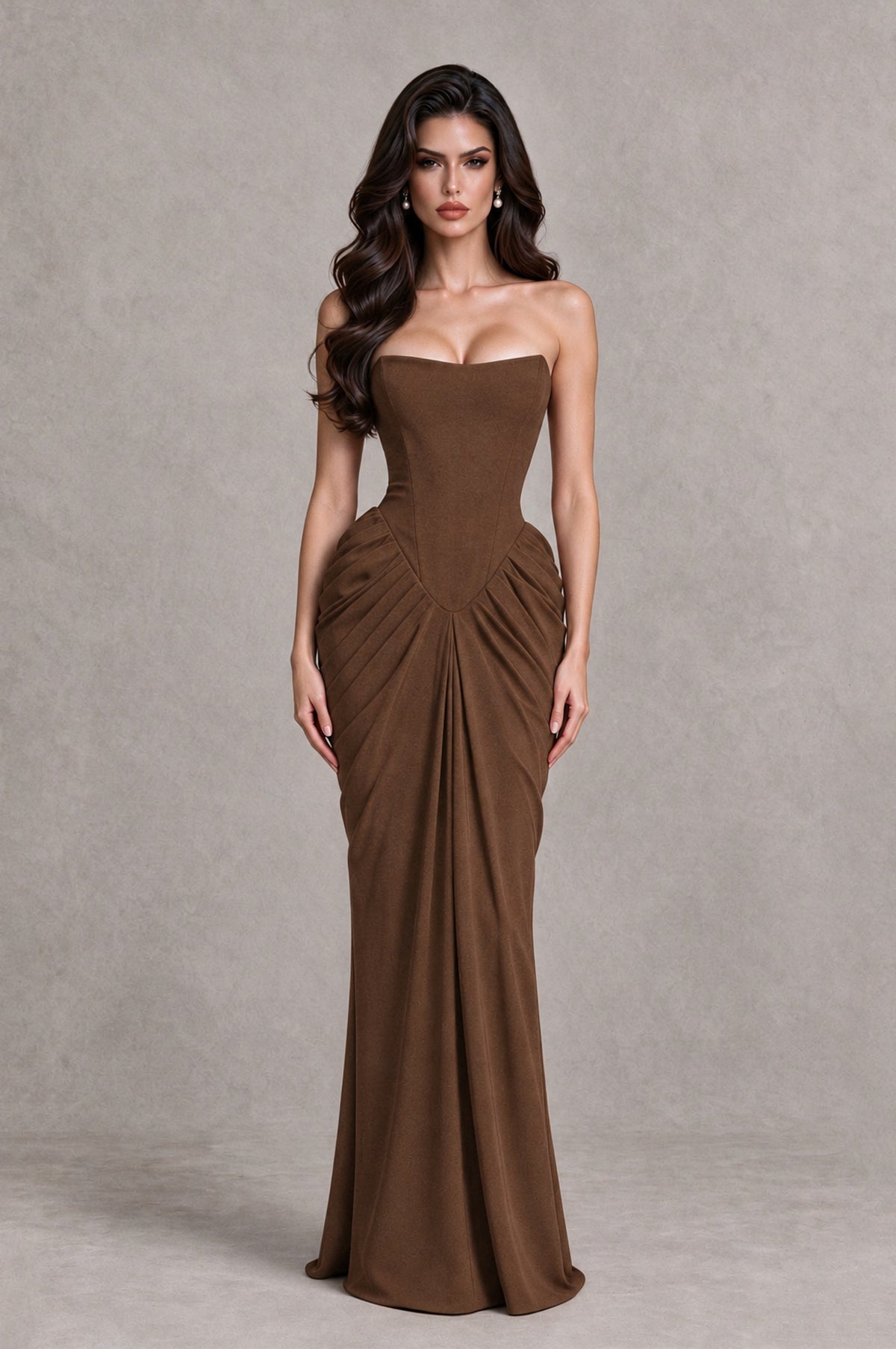BOLODOO Brown Strapless Ruched Corset Evening Gown - Brown - Brown_1