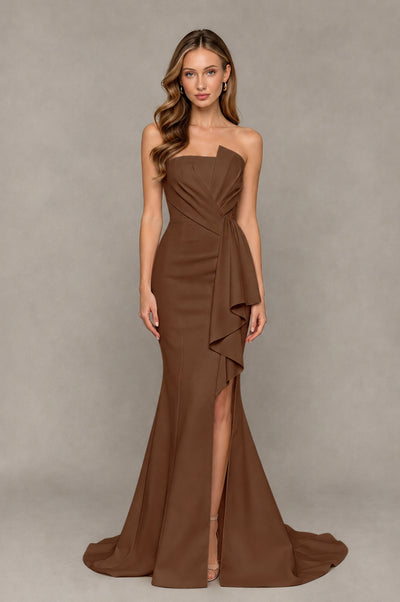 BOLODOO Brown Strapless Mermaid Evening Dress with Ruffle Slit and Train - Brown - Brown_1