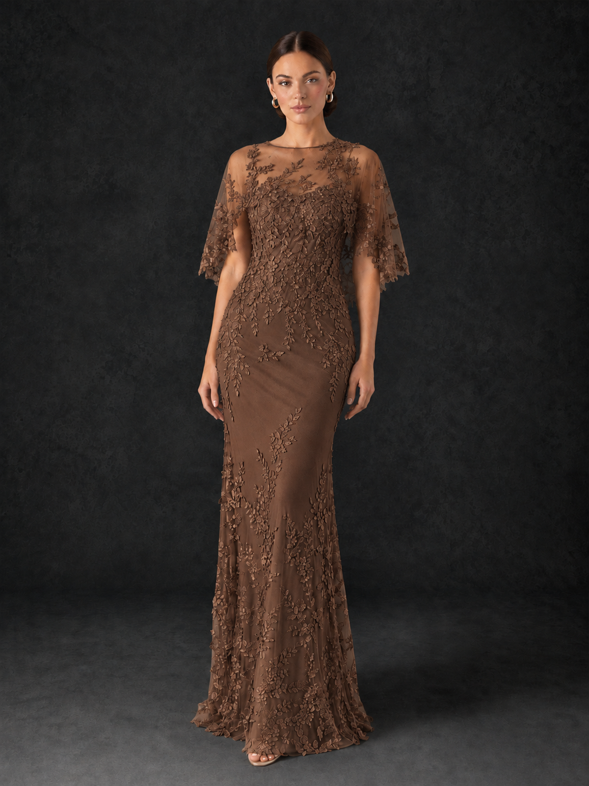 BOLODOO Brown Botanical Lace Flutter Sleeve Mermaid Gown - Brown - Brown_1