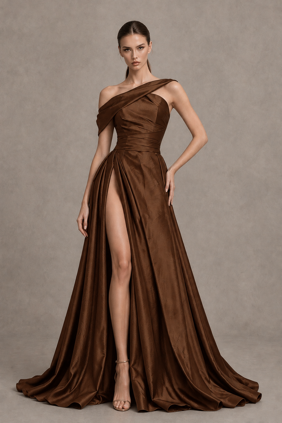 BOLODOO Brown Asymmetric Satin-Look A-Line Prom Dress with High Slit - Brown - Brown_1