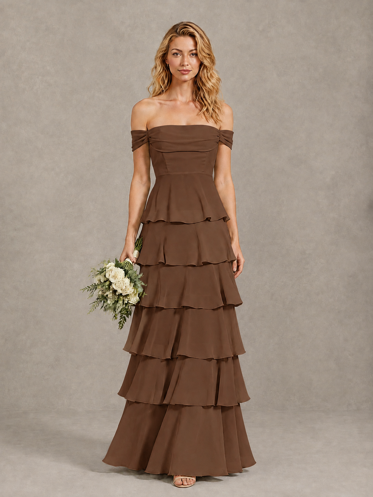 BOLODOO Brown Off-Shoulder Tiered Ruffle Bridesmaid Dress with Lace-Up Back - Brown - Brown_1