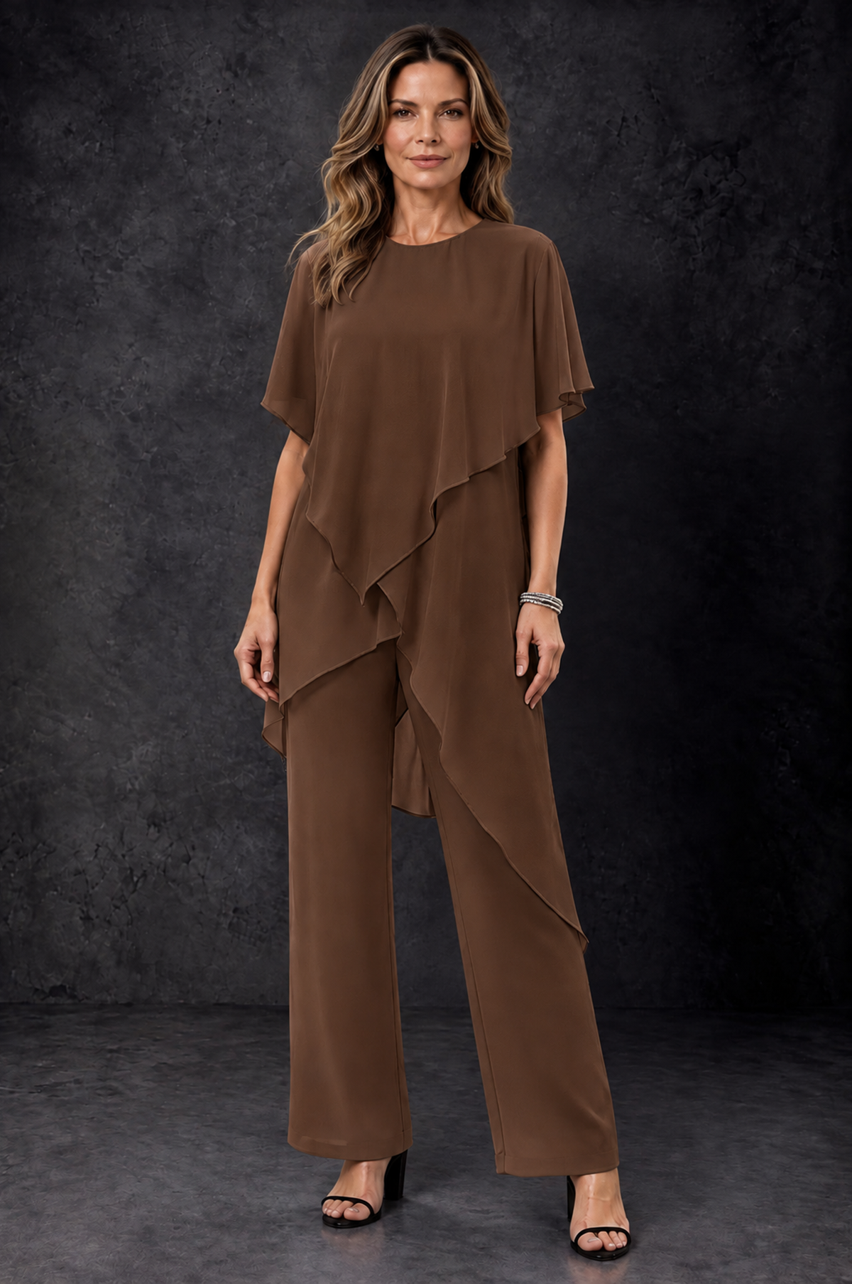 BOLODOO Brown Chiffon Two Piece Mother of the Bride Pant Suit - Brown - Brown_1