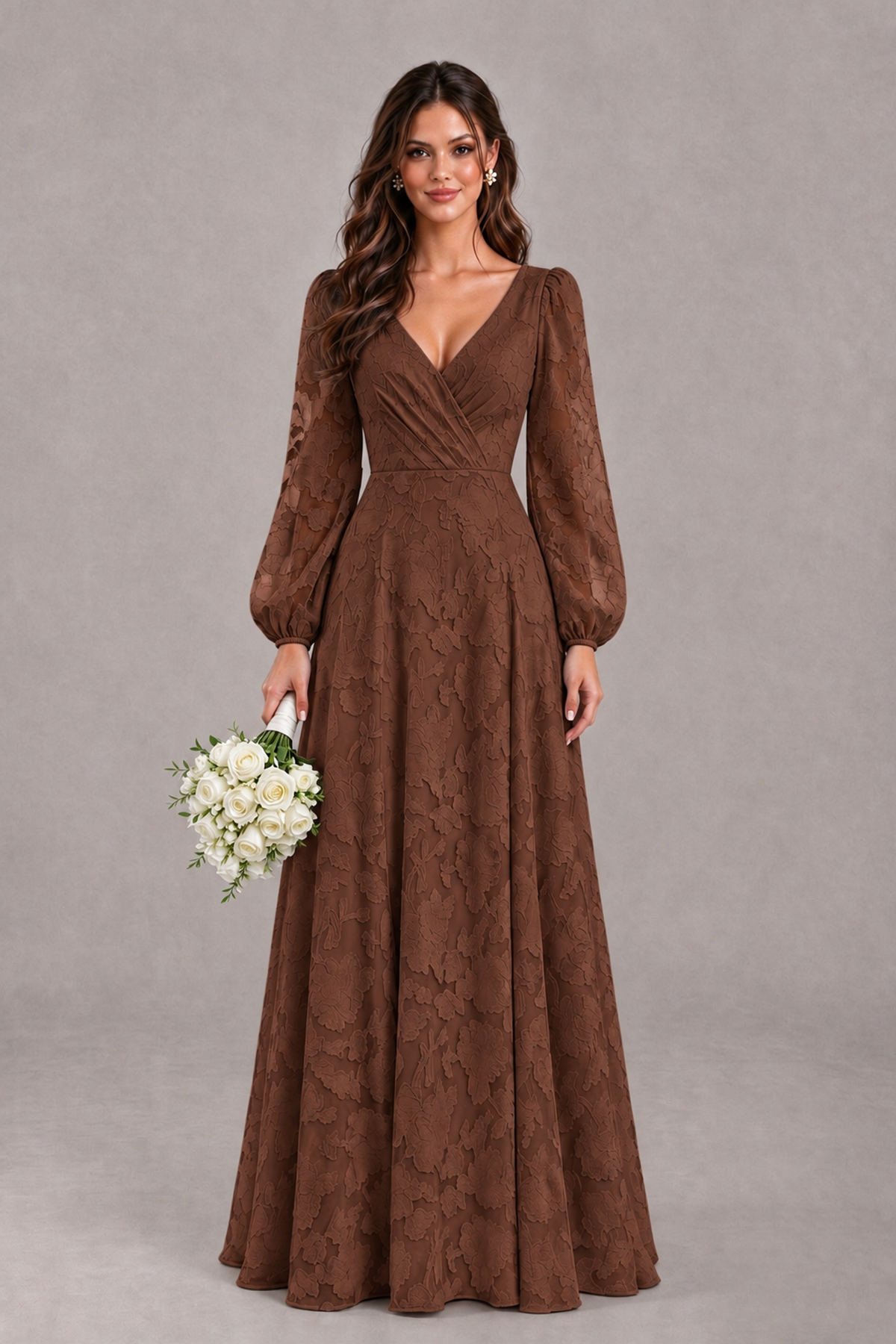 BOLODOO Brown Long Sleeve V-Neck A-Line Mother of the Bride Dress - Brown - Brown_1