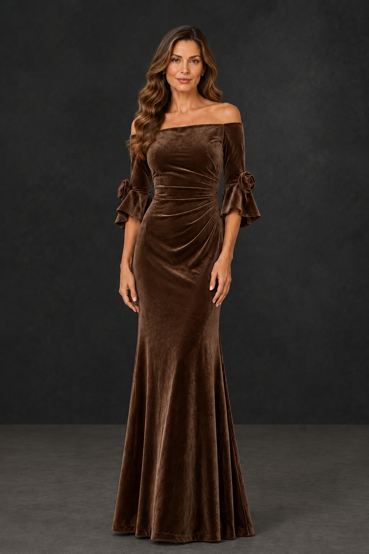 BOLODOO Brown Velvet Mother of the Bride Dress with Rosette Sleeves - Brown - Brown_1