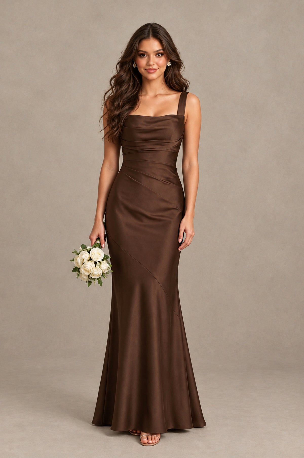 BOLODOO Brown Square Neck Ruched Satin Lace-Up Bridesmaid Dress - Brown - Brown_1