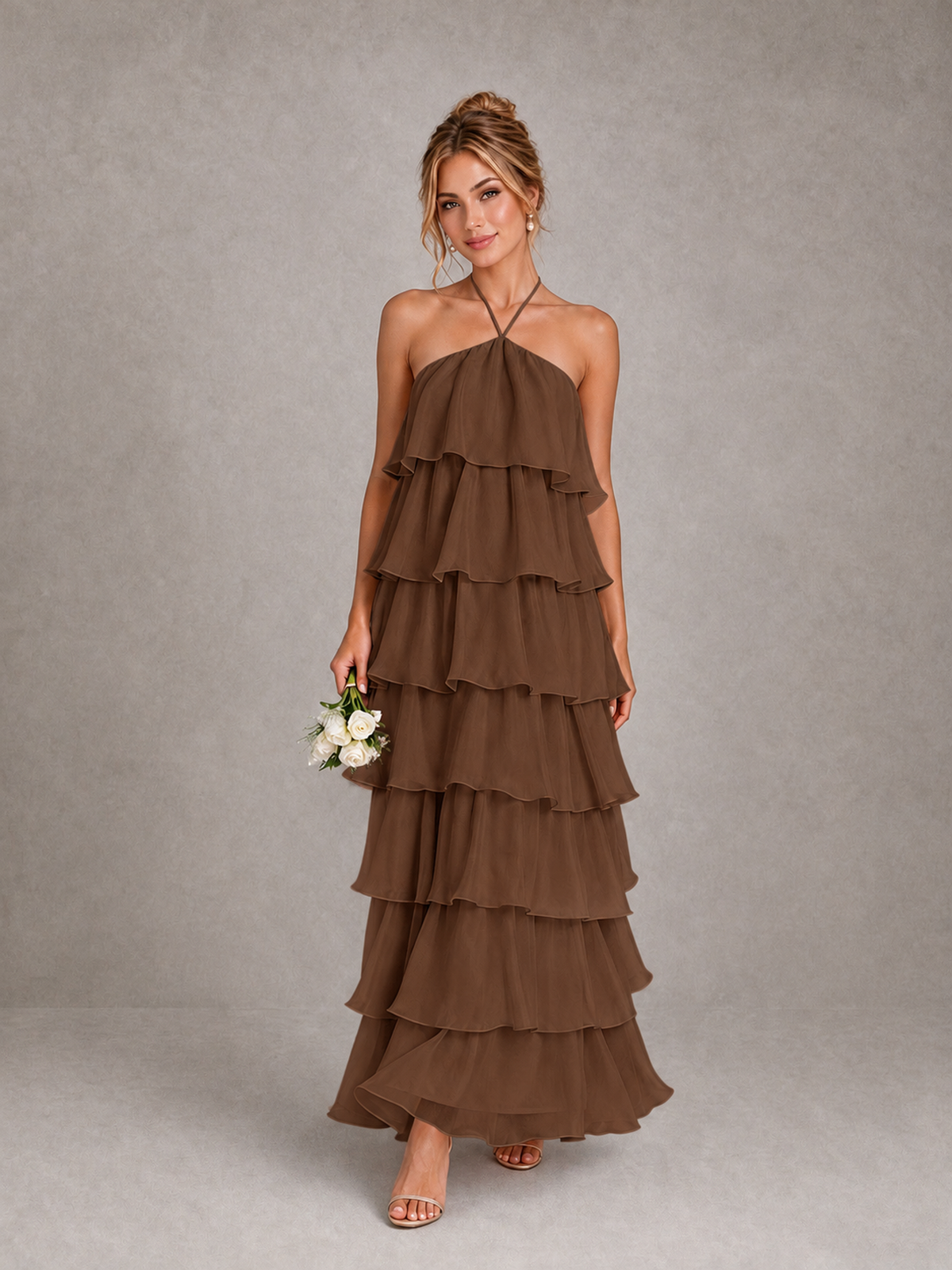 BOLODOO Brown Halter Tiered Ruffle Maxi Bridesmaid Dress - Brown - Brown_1