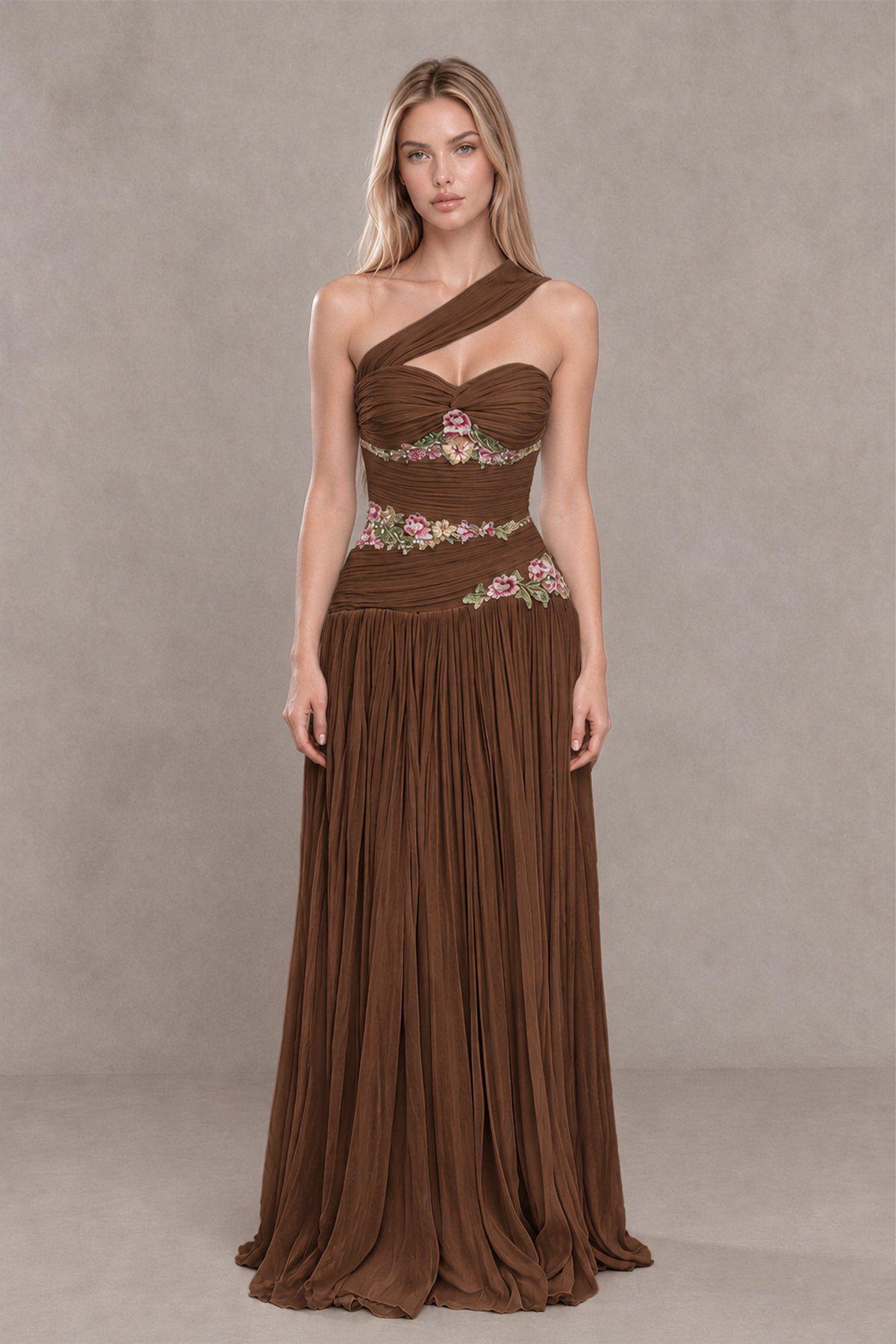BOLODOO Brown One-Shoulder Floral Applique A-Line Evening Dress - Brown - Brown_1