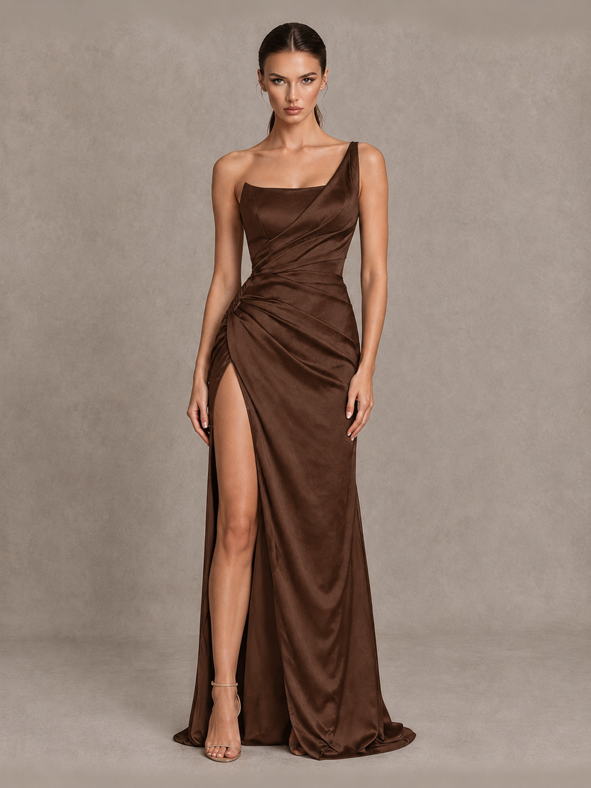 BOLODOO Brown One Shoulder Satin Evening Gown with High Slit and Sweep Train - Brown - Brown_1