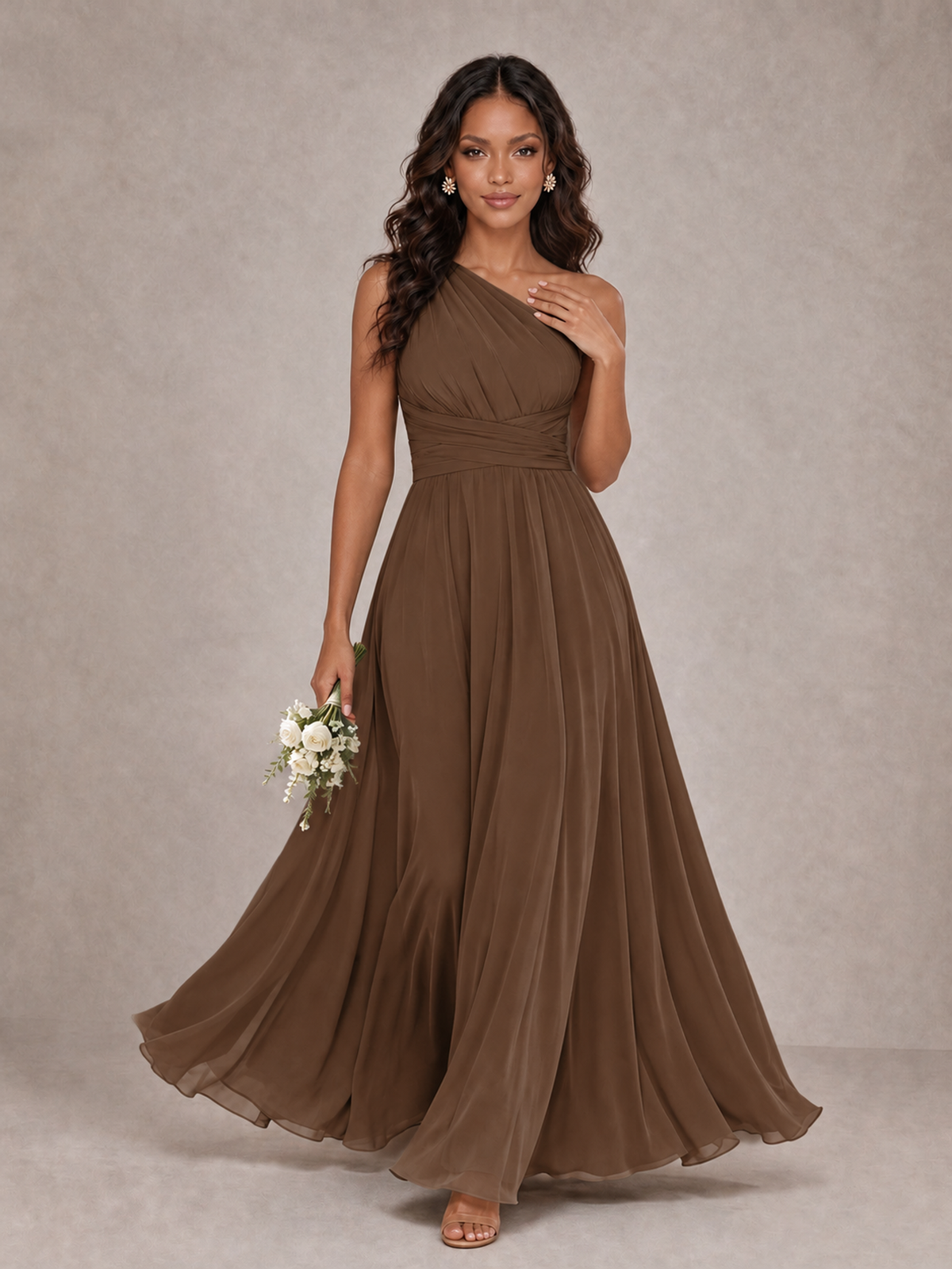 BOLODOO Brown One-Shoulder A-Line Bridesmaid Dress - Brown - Brown_1