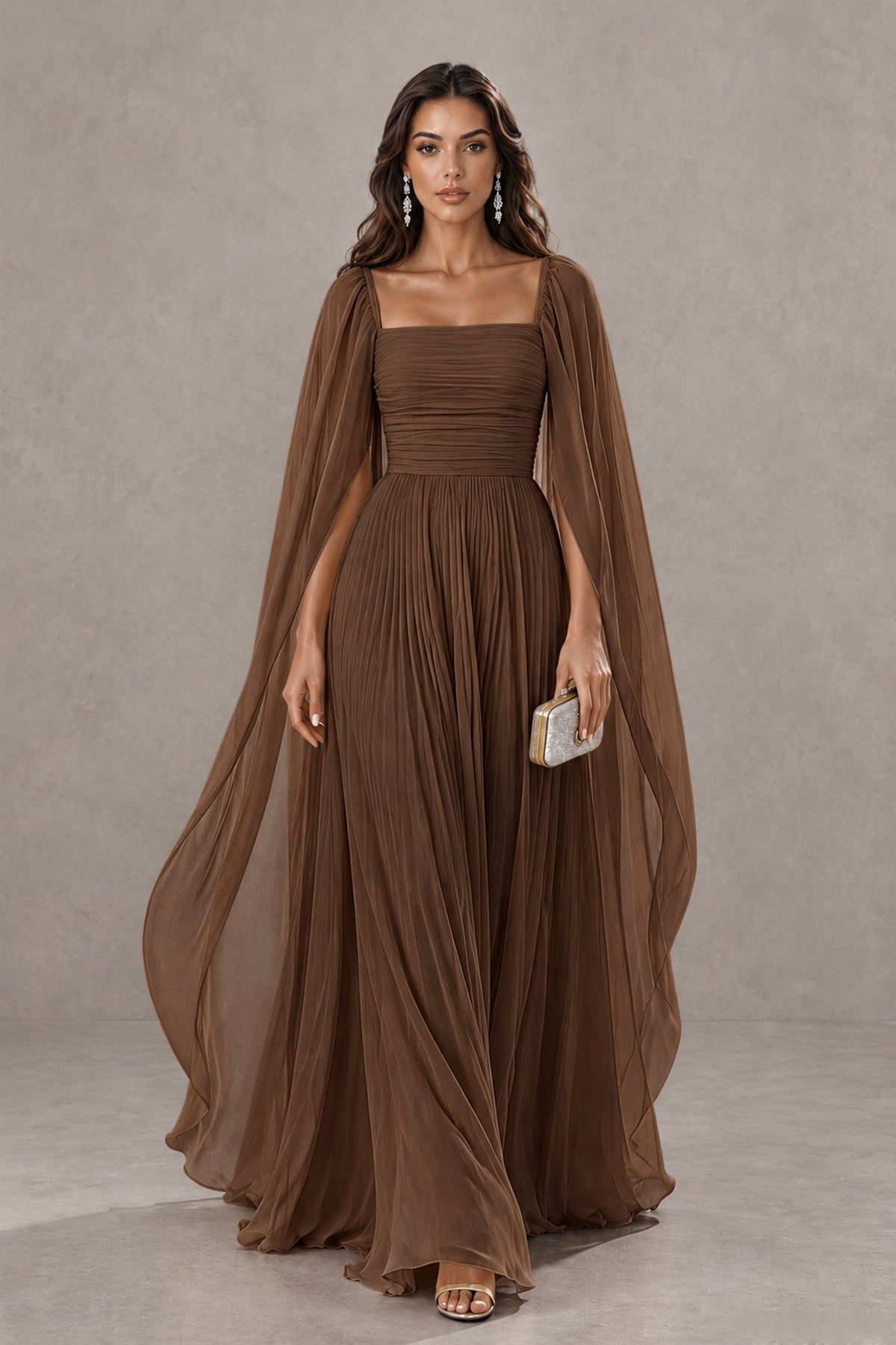 BOLODOO Brown Square Neck Cape Sleeve A-Line Evening Dress - Brown - Brown_1