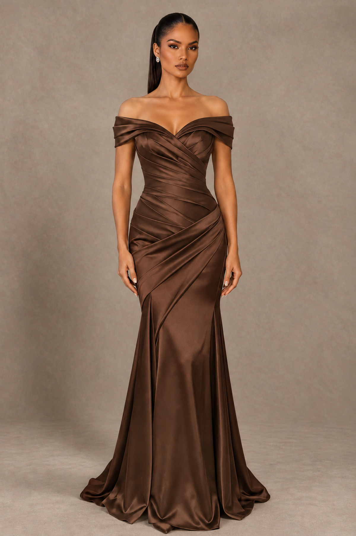BOLODOO Brown Off-the-Shoulder Ruched Satin Mermaid Evening Dress - Brown - Brown_1