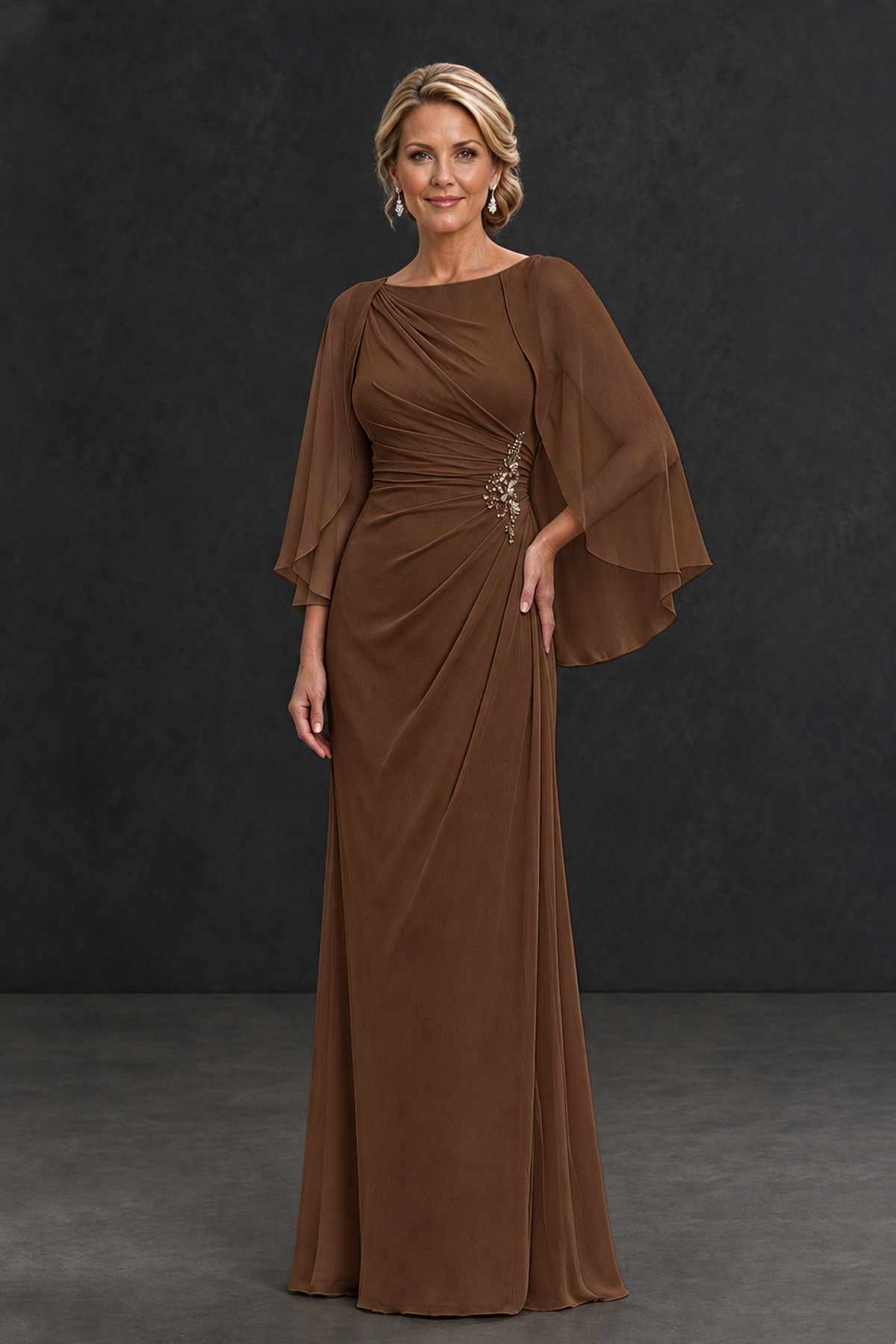 BOLODOO Brown Cape Sleeve Mother of the Bride Dress with Ruched Waist - Brown - Brown_1