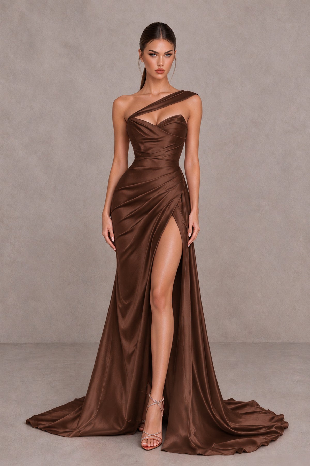 BOLODOO Brown One Shoulder Satin Mermaid Evening Dress with Ruched Slit Skirt - Brown - Brown_1