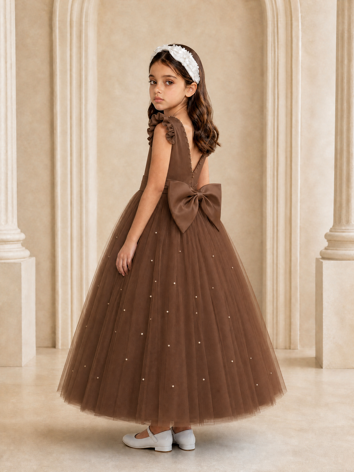 BOLODOO Brown Tulle Flower Girl Dress with Ruffle Sleeves & Bow Back - Brown - Brown_1