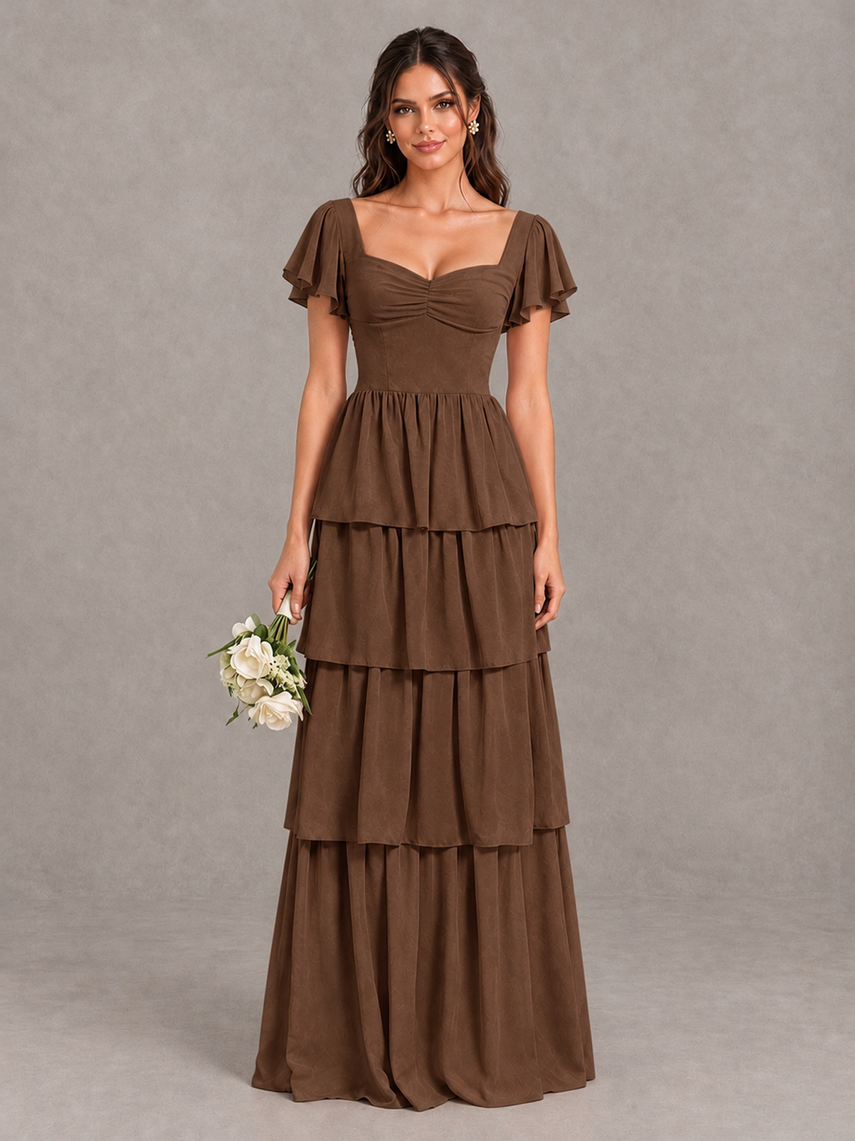 BOLODOO Brown Flutter Sleeve Tiered Maxi Bridesmaid Dress - Brown - Brown_1