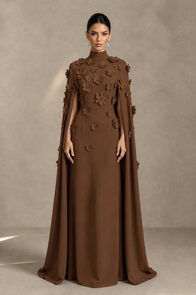 BOLODOO Brown 3D Floral Applique Cape Formal Dress - Brown - Brown_1