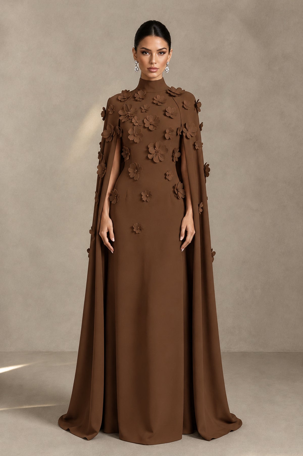 BOLODOO Brown 3D Floral Applique Cape Formal Dress - Brown - Brown_1
