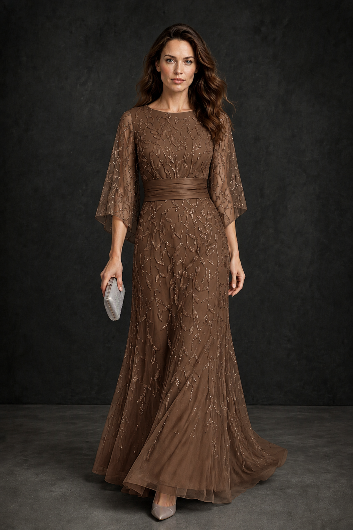 BOLODOO Brown Bateau Neck Bell Sleeve Sequin Embroidered Satin Waist A-Line Maxi Dress - Brown - Brown_1