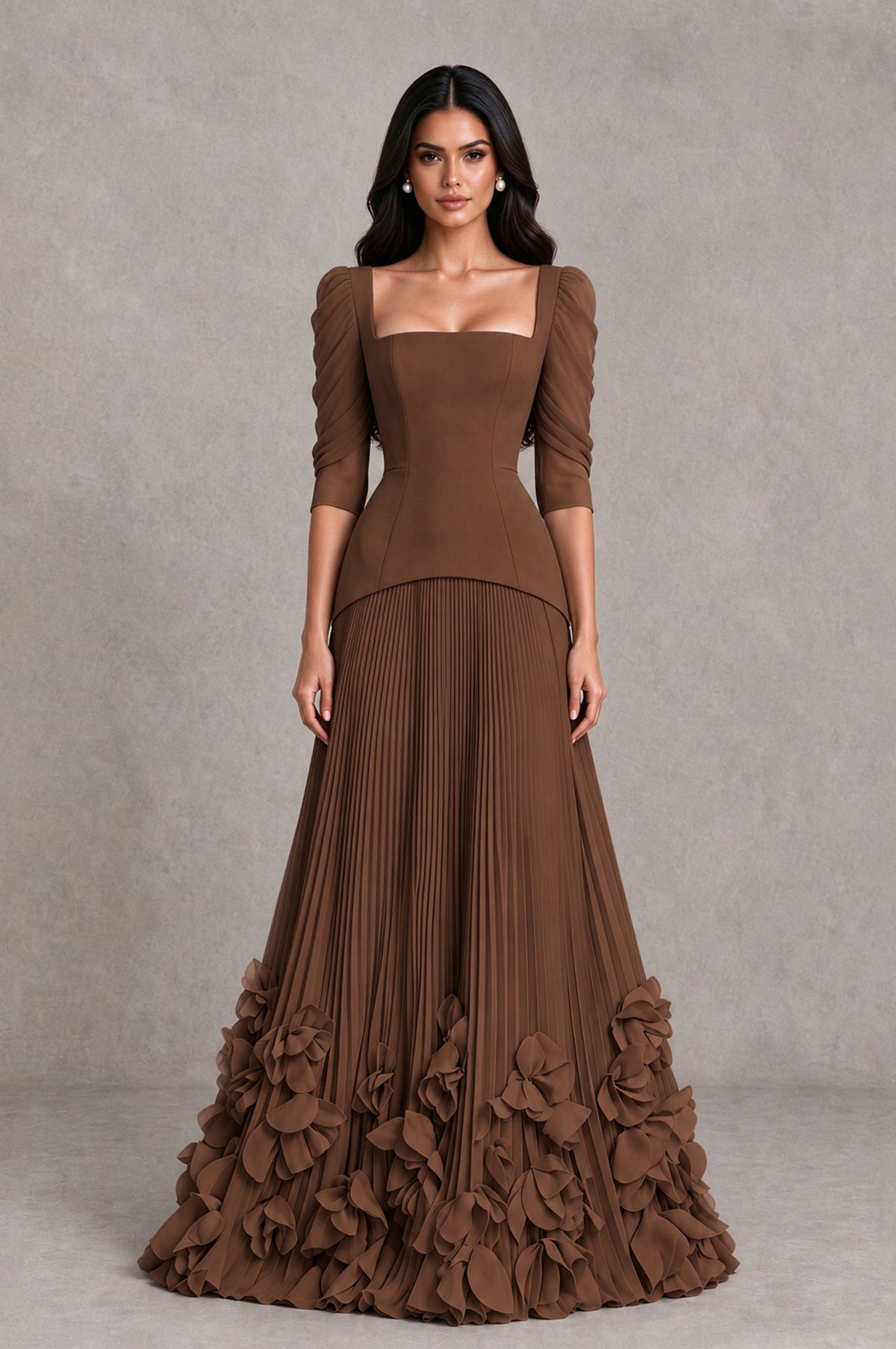 BOLODOO Brown Square Neck Pleated Floral Applique Evening Dress - Brown - Brown_1