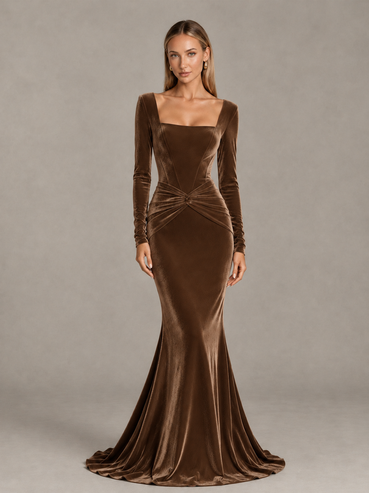 BOLODOO Brown Velvet-Look Square Neck Long Sleeve Mermaid Evening Dress - Brown - Brown_1