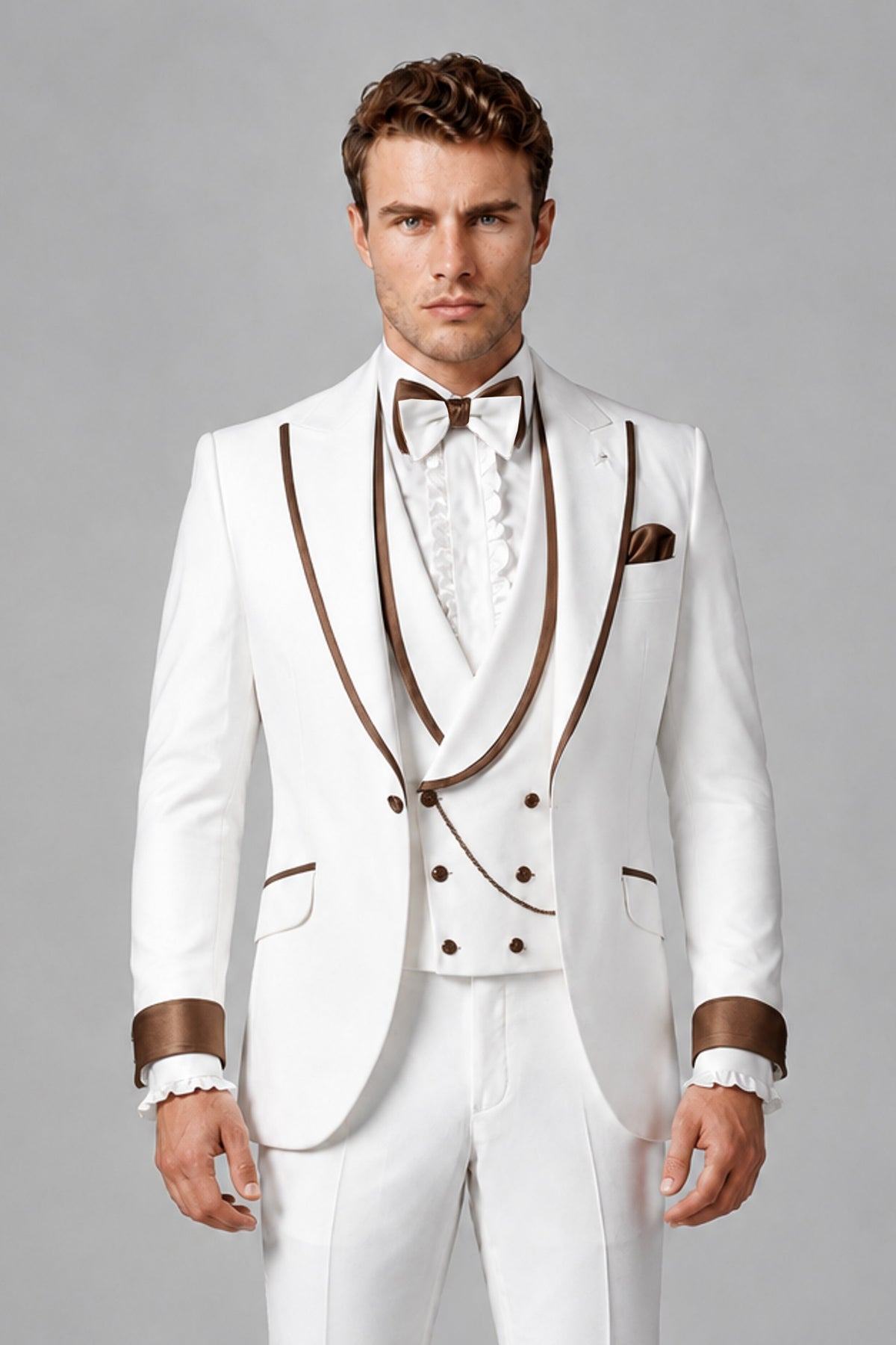Bolodoo Men's White and Brown Three-Piece Wedding Tuxedo Suit - Brown - Brown_1