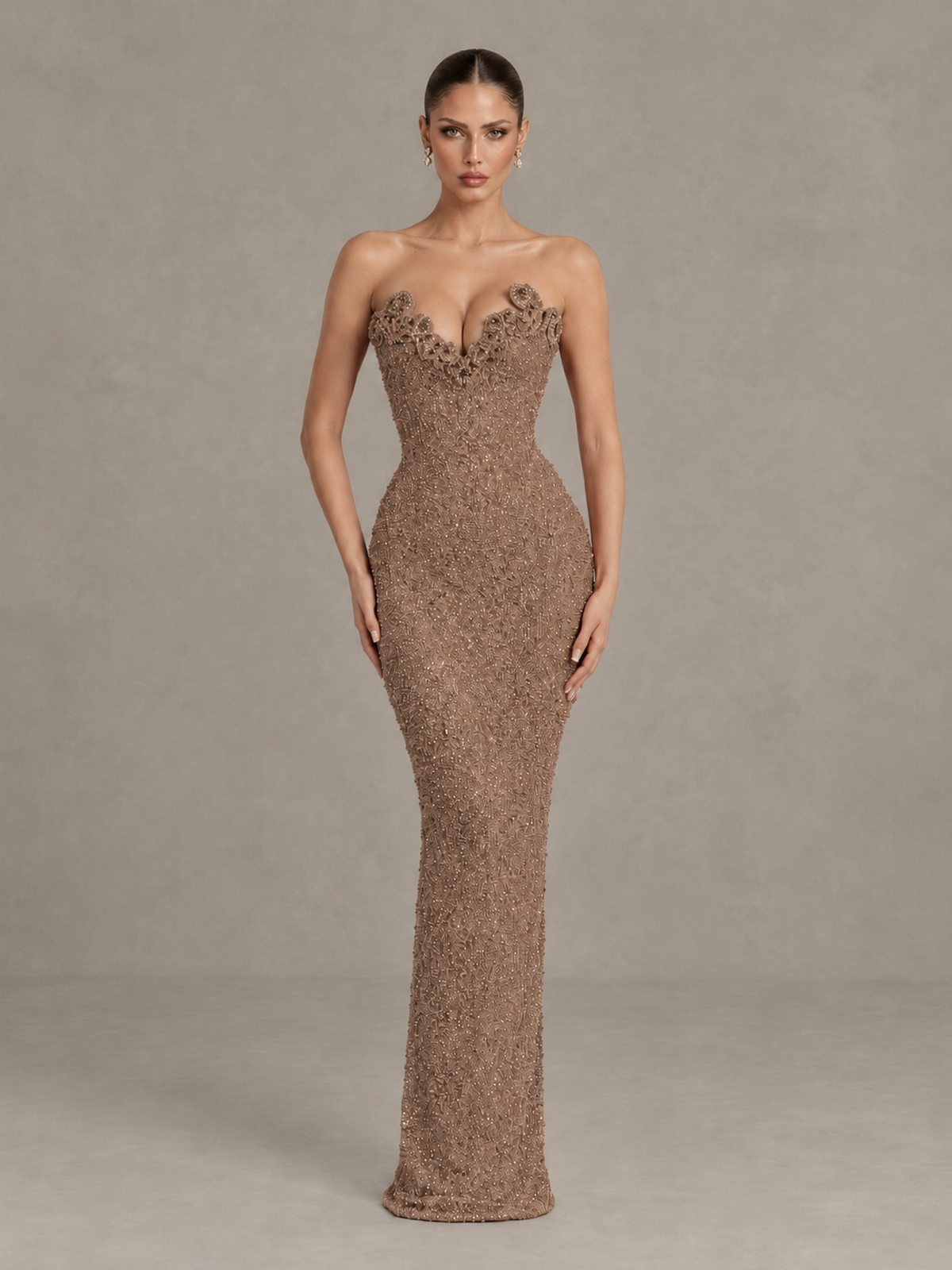 BOLODOO Brown Strapless Sequin Evening Gown with Floral Neckline - Brown - Brown_1