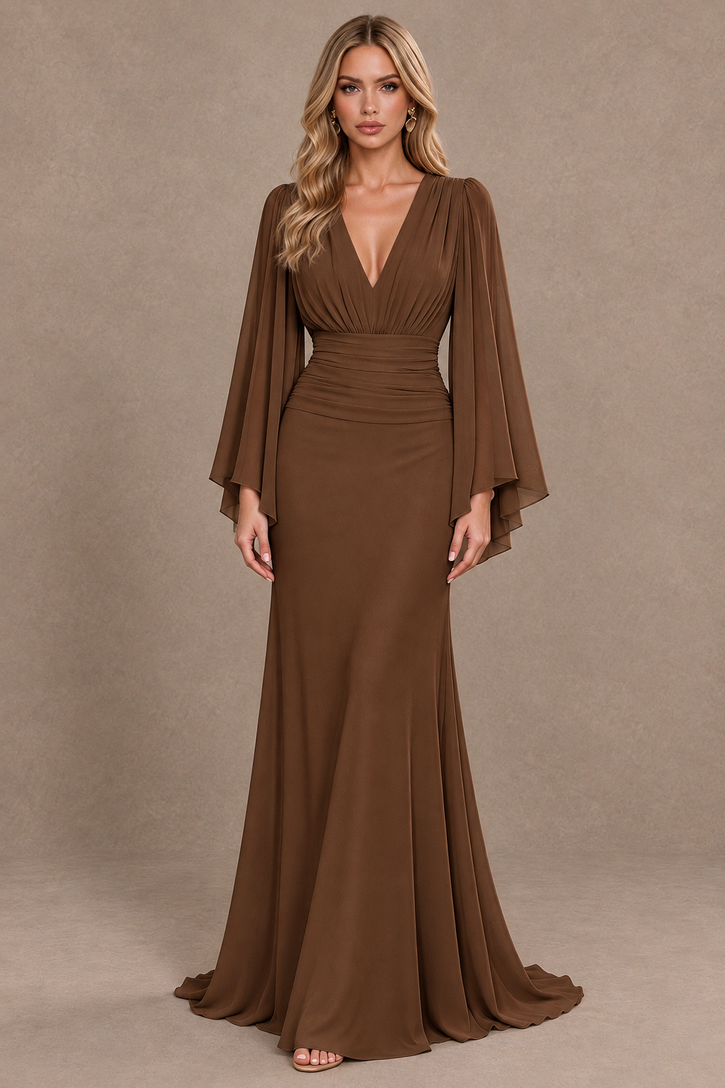 BOLODOO Brown Cape Sleeve V-Neck Ruched Chiffon Evening Dress - Brown - Brown_1