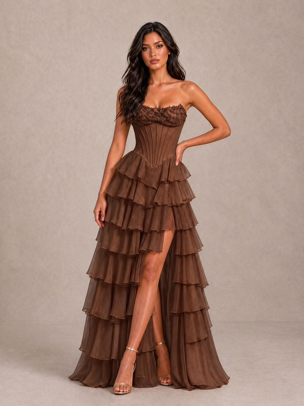 BOLODOO Brown Strapless Corset Tiered Ruffle Prom Dress with High Slit - Brown - Brown_1
