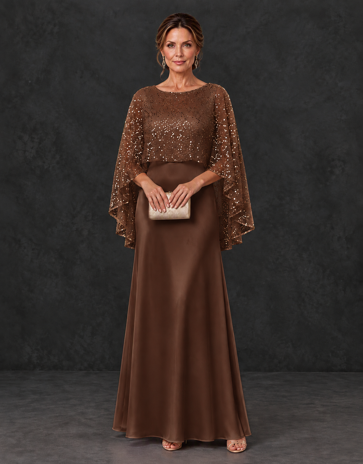 BOLODOO Brown Sparkle Cape Sleeve Mother of the Bride Dress - Brown - Brown_1