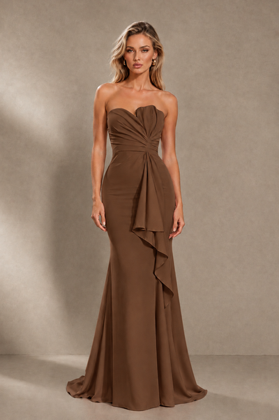 BOLODOO Brown Strapless Sweetheart Ruched Mermaid Gown | Cascade Drape Formal Evening Dress - Brown - Brown_1