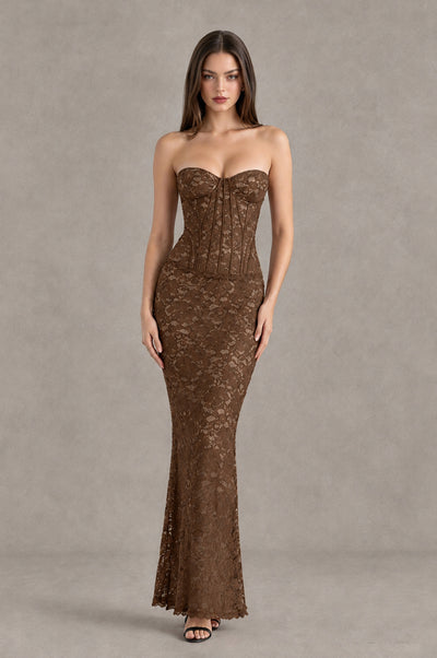 BOLODOO Brown Strapless Lace Corset Wedding Guest Dress - Brown - Brown_1