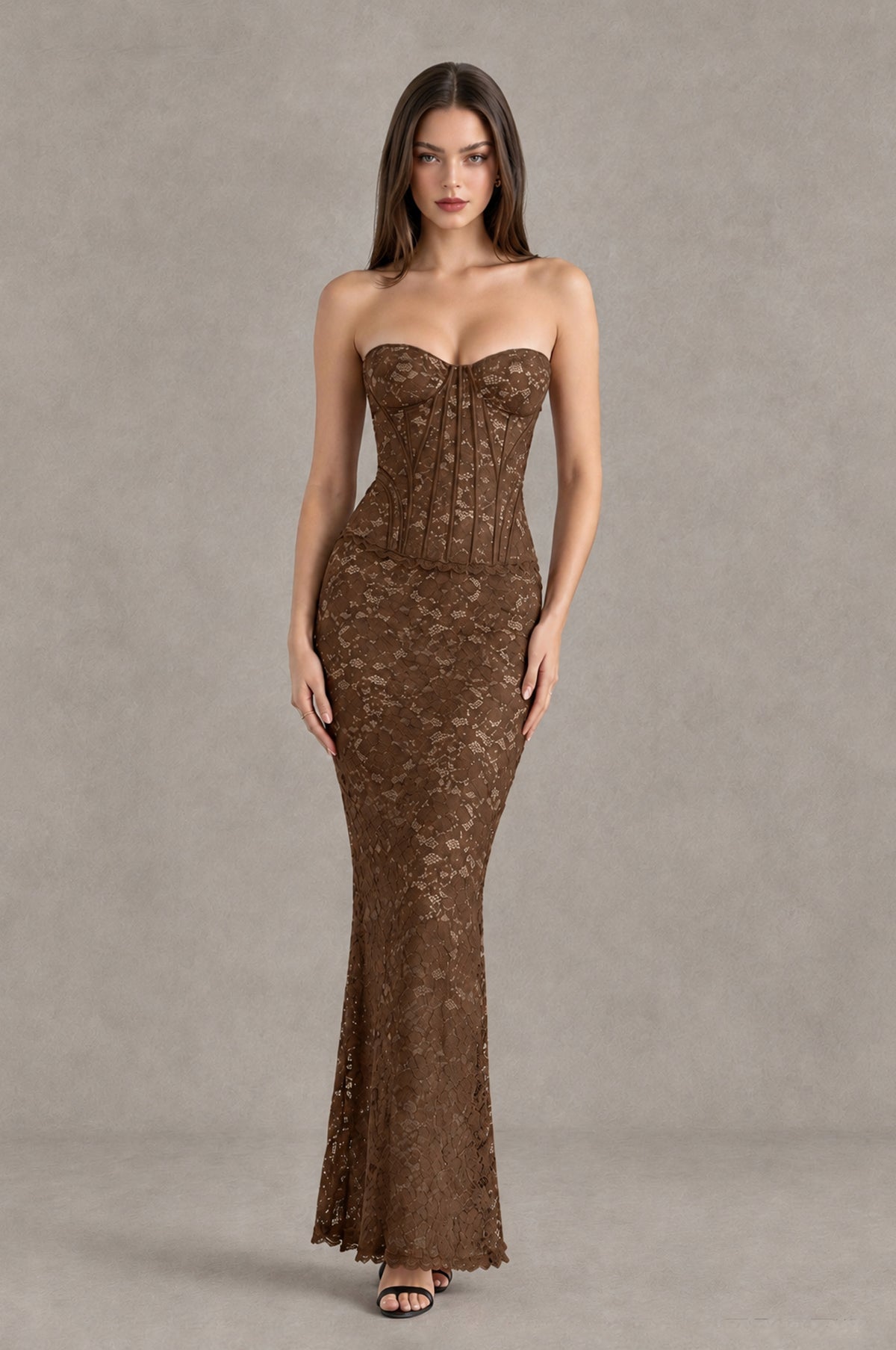 BOLODOO Brown Strapless Lace Corset Wedding Guest Dress - Brown - Brown_1