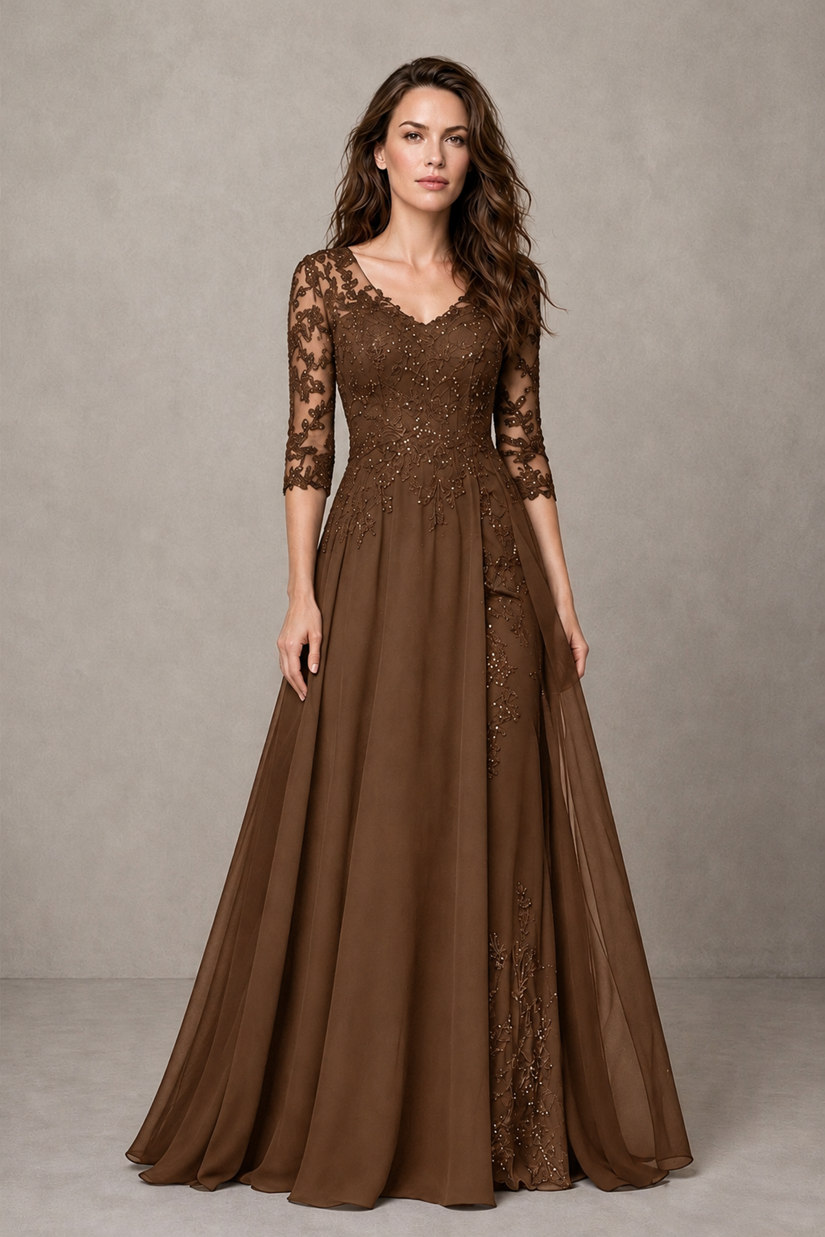 BOLODOO Midnight Brown Beaded Lace Appliqué Chiffon A-Line Gown | Mother of the Bride & Formal Evening Dress - Brown - Brown_1