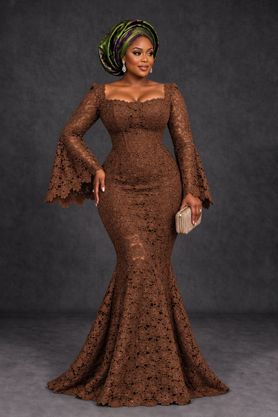 BOLODOO Brown African Lace Mermaid Dress, Plus Size Nigerian Wedding Guest Gown with Bell Sleeves - Brown - Brown_1