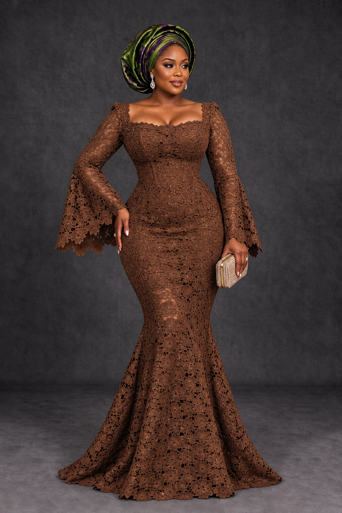 BOLODOO Brown African Lace Mermaid Dress, Plus Size Nigerian Wedding Guest Gown with Bell Sleeves - Brown - Brown_1