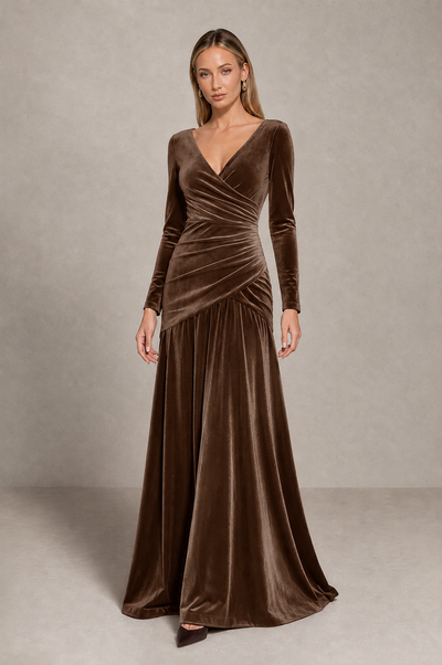 BOLODOO Brown Velvet Long Sleeve V-Neck Ruched Evening Dress - Brown - Brown_1