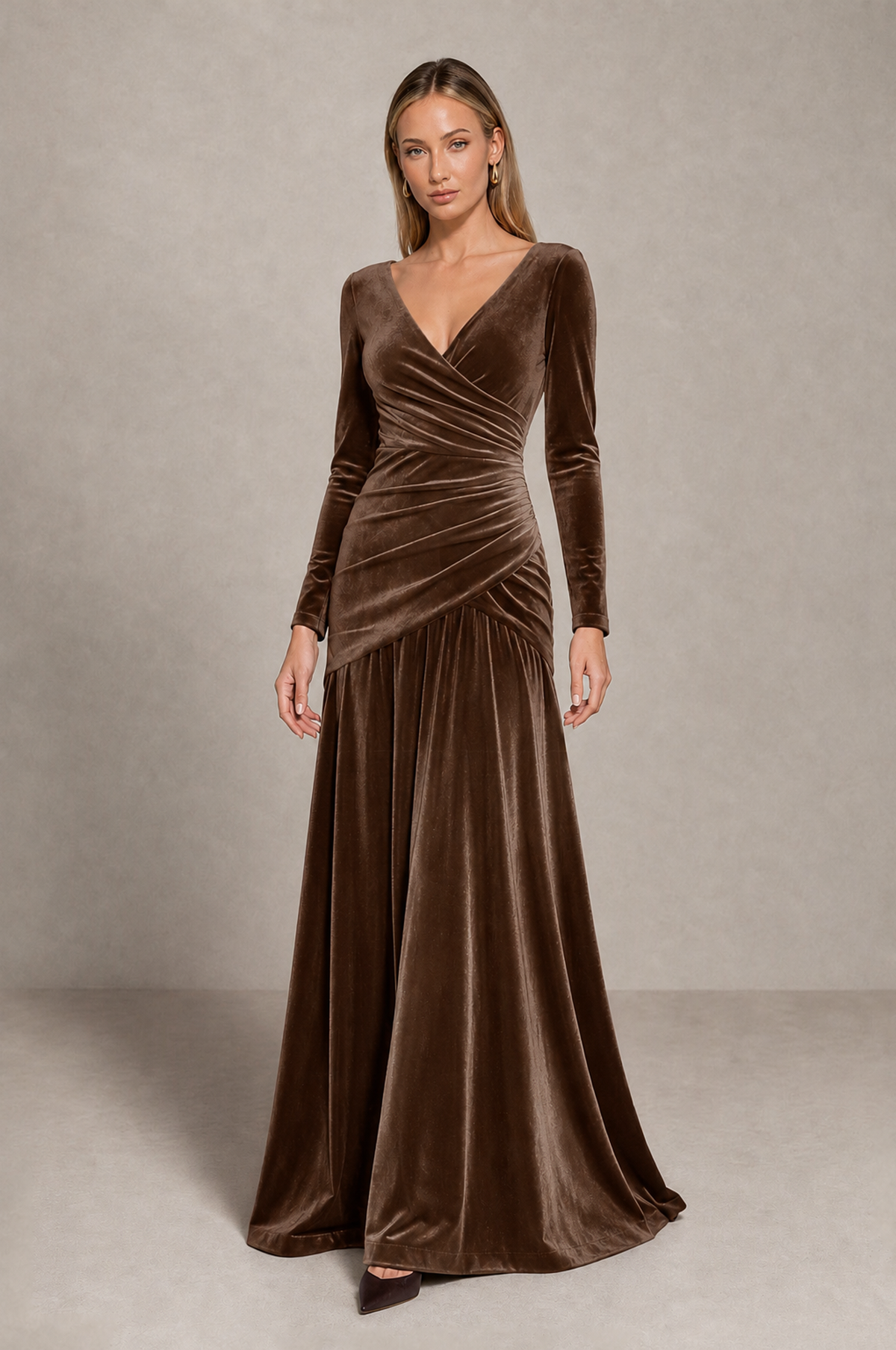 BOLODOO Brown Velvet Long Sleeve V-Neck Ruched Evening Dress - Brown - Brown_1