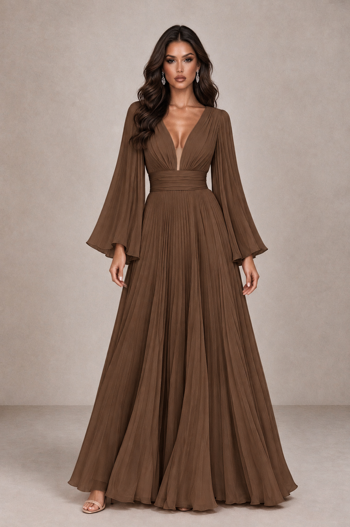 BOLODOO Brown Pleated Deep V-Neck Long Bell Sleeve Evening Dress - Brown - Brown_1