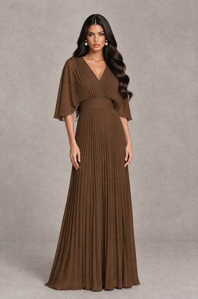 BOLODOO Brown V-Neck Pleated Flutter Sleeve Formal Dress - Brown - Brown_1