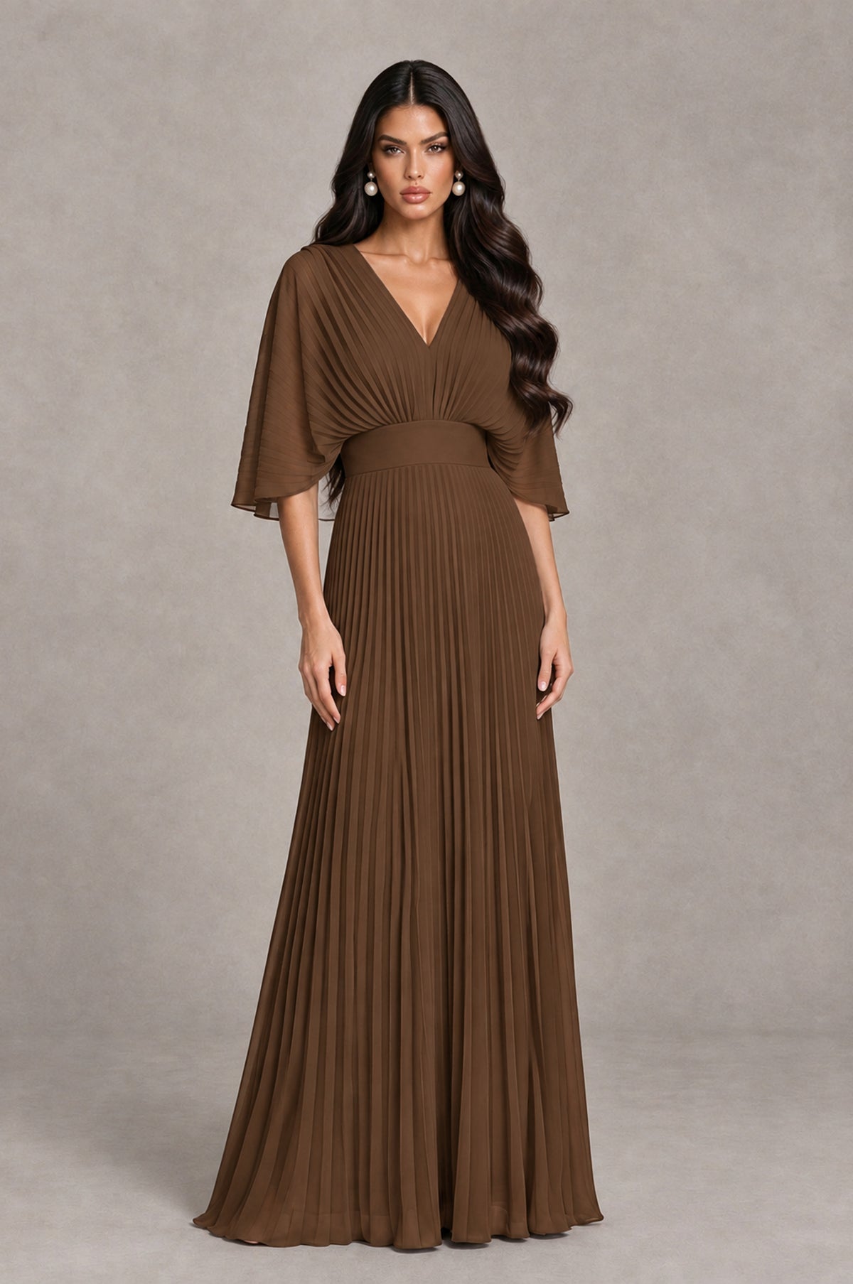 BOLODOO Brown V-Neck Pleated Flutter Sleeve Formal Dress - Brown - Brown_1