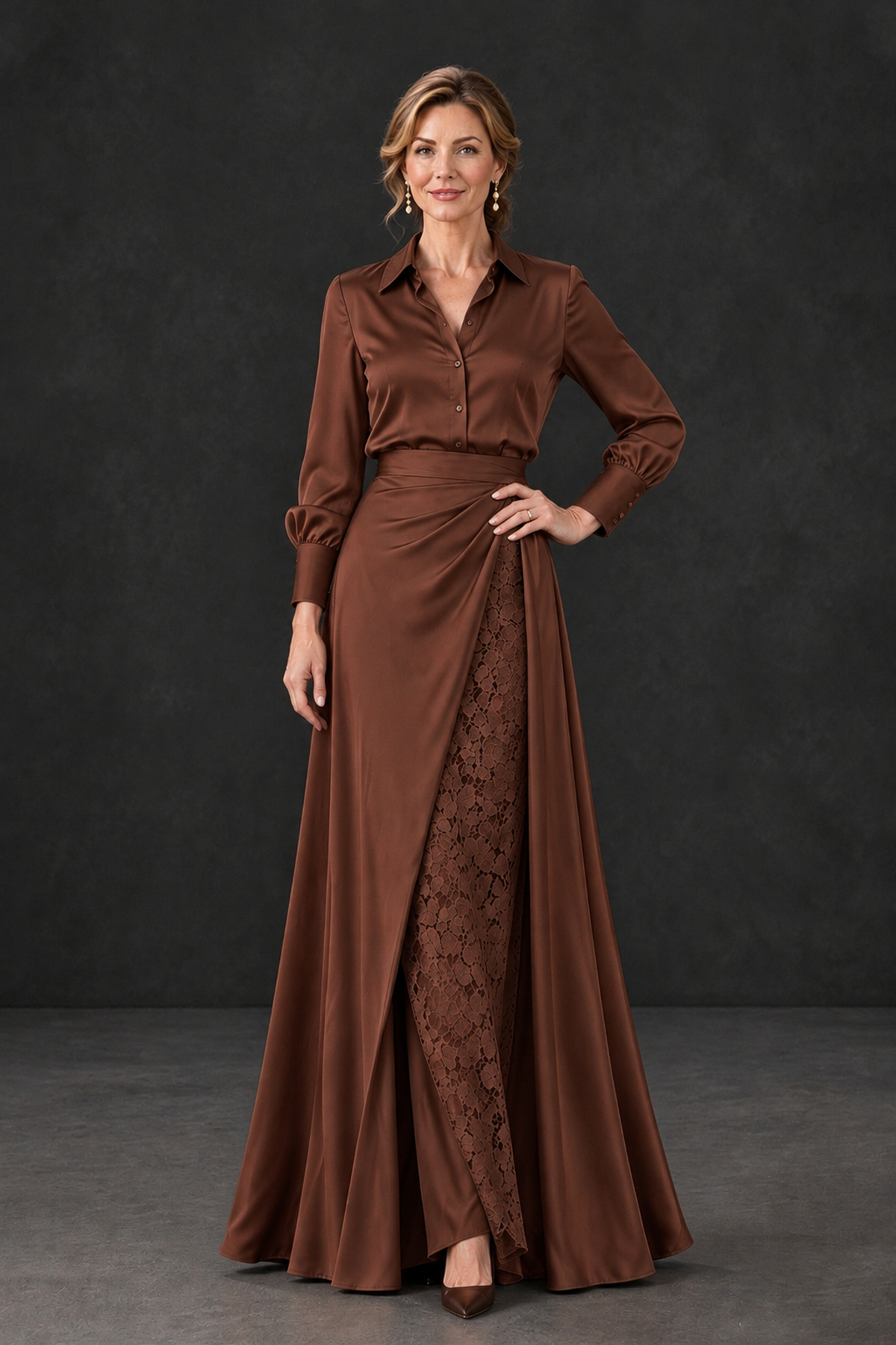 BOLODOO Brown Long Sleeve Satin-Look Lace Panel Gown - Brown - Brown_1