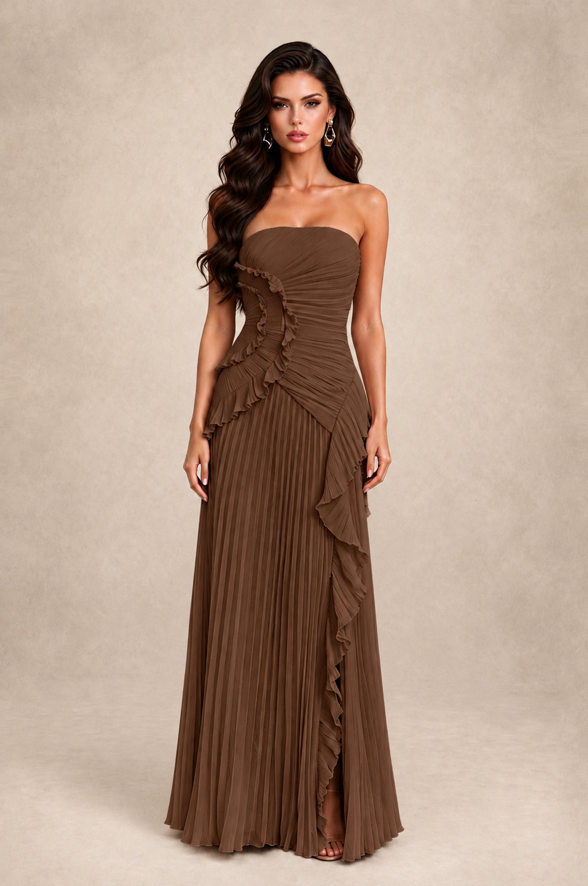 BOLODOO Brown Strapless Ruffle Pleated Slit Evening Gown - Brown - Brown_1